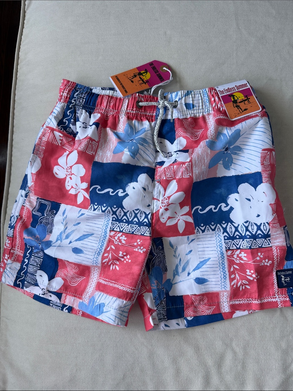The Endless Summer - Tidal Surf Swim Trunks - Red & Blue Floral Boys Size 12